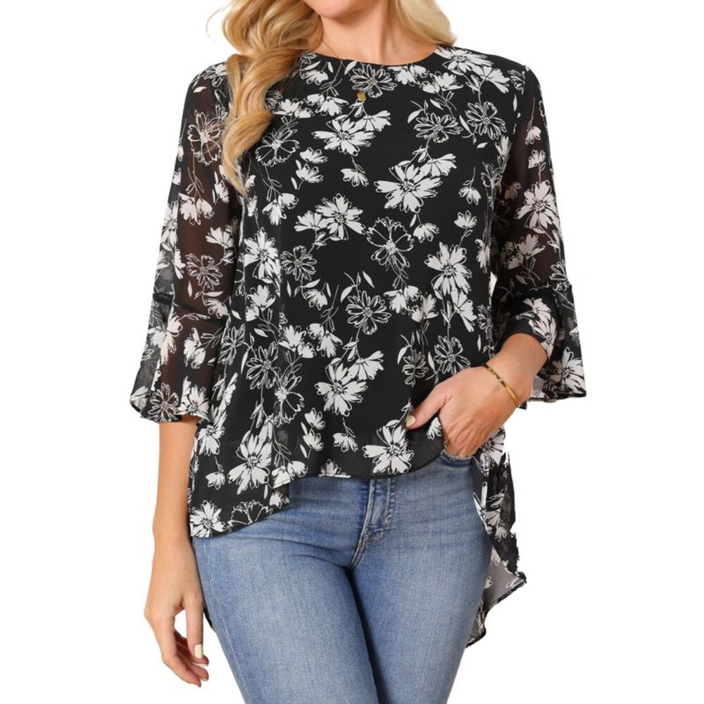 Women's High Low Floral Tops Summer Shirt  3/4 Sleeve Chiffon Blouse Black
